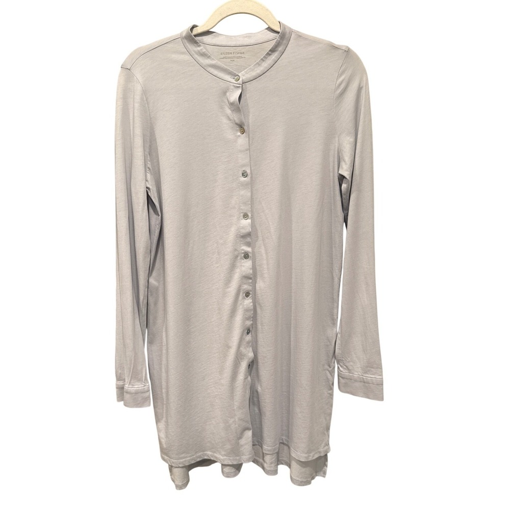 Eileen Fisher Organic Cotton Light Blue Band Collar Button Front Tunic Top M‎